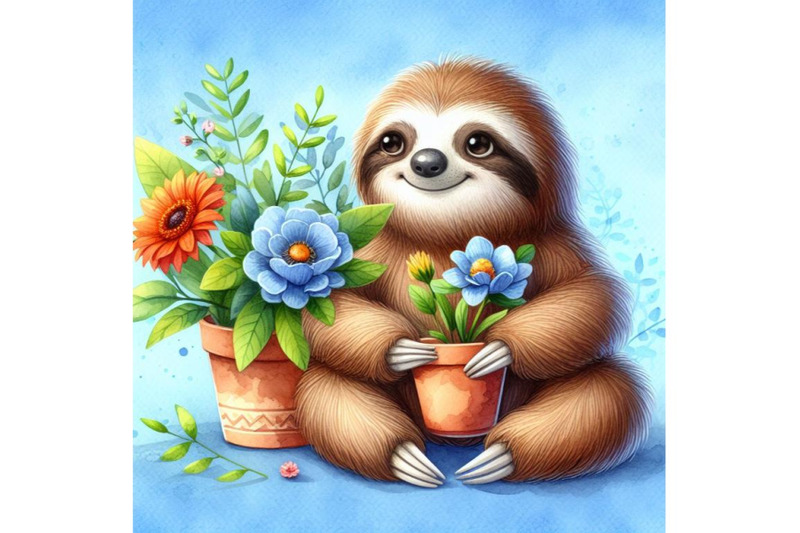 bundle-of-cute-sloth-with-a-pot-of-flowers