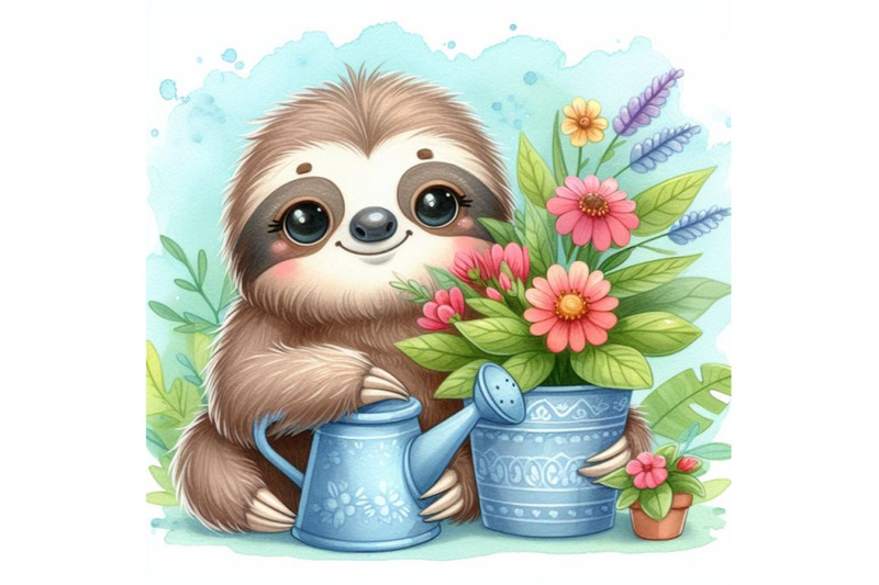 bundle-of-cute-sloth-with-a-pot-of-flowers