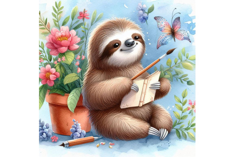 bundle-of-cute-sloth-with-a-pot-of-flowers