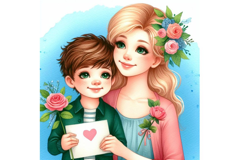 bundle-of-mom-and-child-boy-with-flower-for-mom