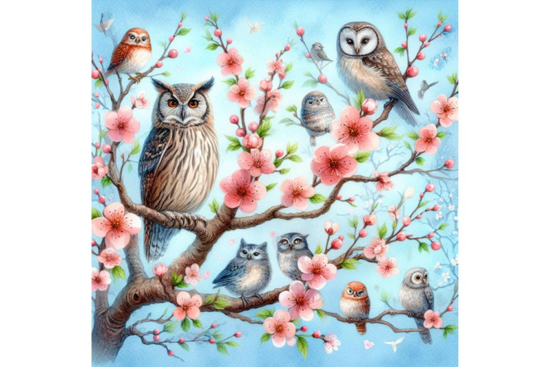 bundle-of-blooming-tree-and-branches-with-sitting-owls-and-birds