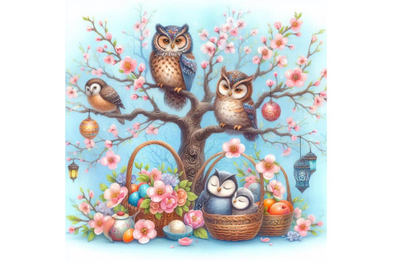 bundle-of-blooming-tree-and-branches-with-sitting-owls-and-birds