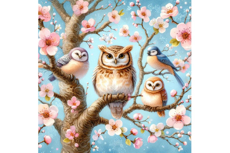 bundle-of-blooming-tree-and-branches-with-sitting-owls-and-birds