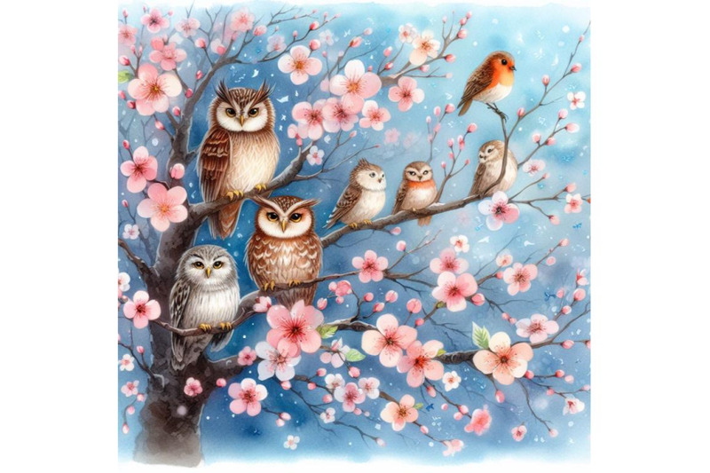 bundle-of-blooming-tree-and-branches-with-sitting-owls-and-birds