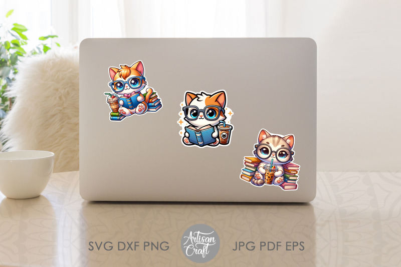 cat-stickers-cute-cat-reading-cat-with-headphones