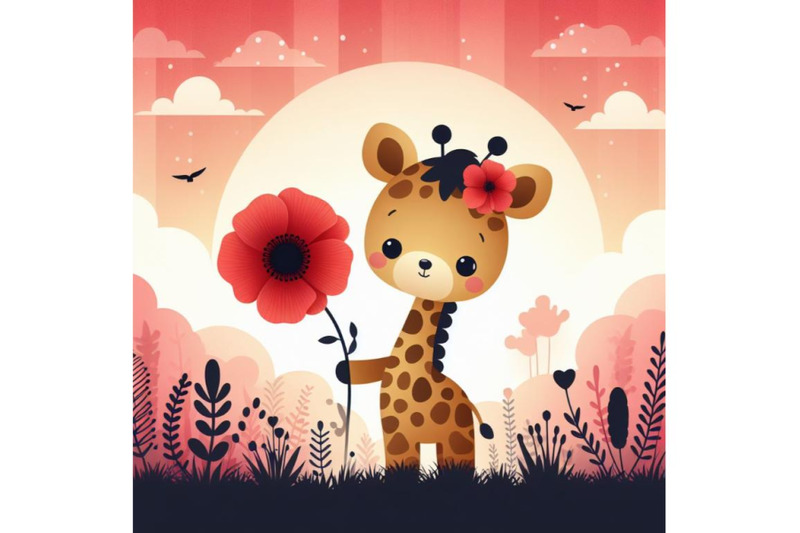 a-bundle-of-cute-teddy-giraffe-holding-a-red-poppy