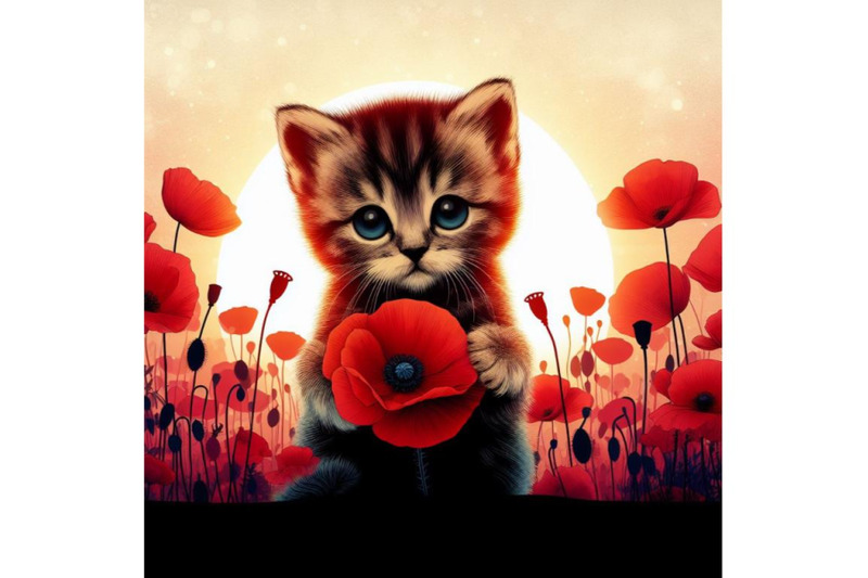 a-bundle-of-cute-kitten-holding-a-red-poppy