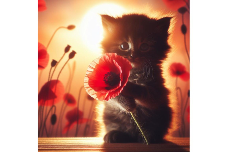 a-bundle-of-cute-kitten-holding-a-red-poppy