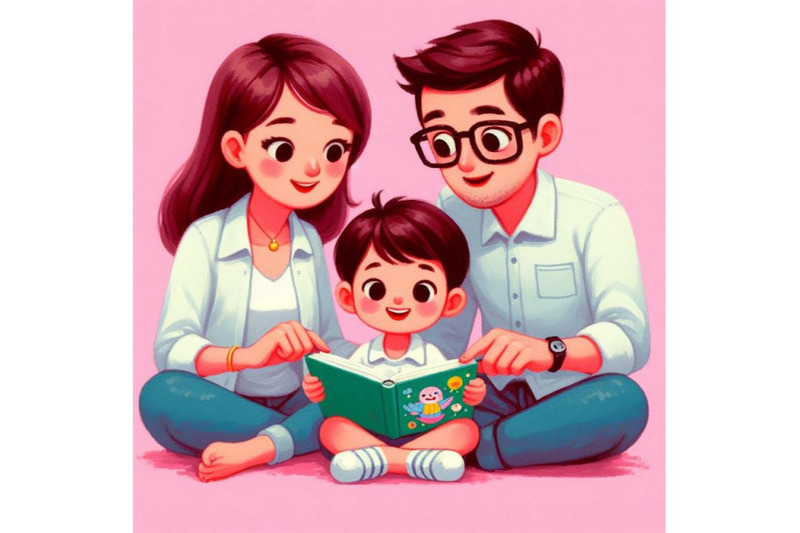 bundle-of-cartoon-mother-father-and-son-reading-a-book-together