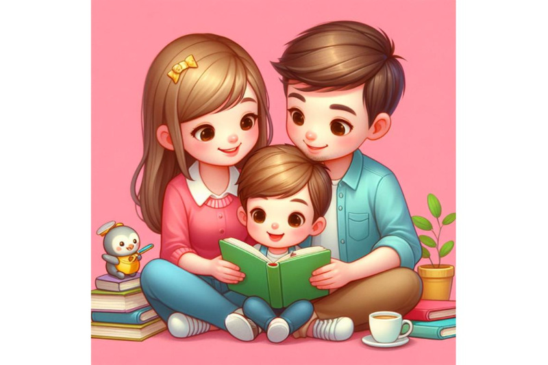 bundle-of-cartoon-mother-father-and-son-reading-a-book-together