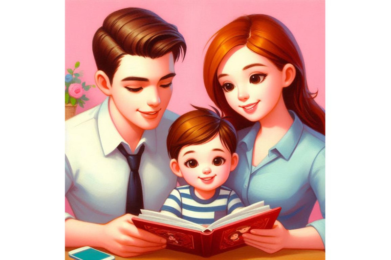 bundle-of-cartoon-mother-father-and-son-reading-a-book-together