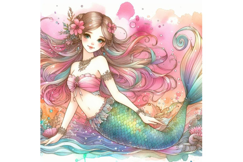 a-bundle-of-watercolor-line-art-beautiful-mermaid-girl-with-long-hair