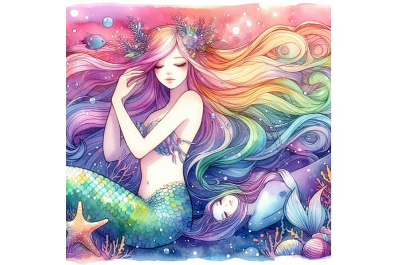 a-bundle-of-watercolor-line-art-beautiful-mermaid-girl-with-long-hair