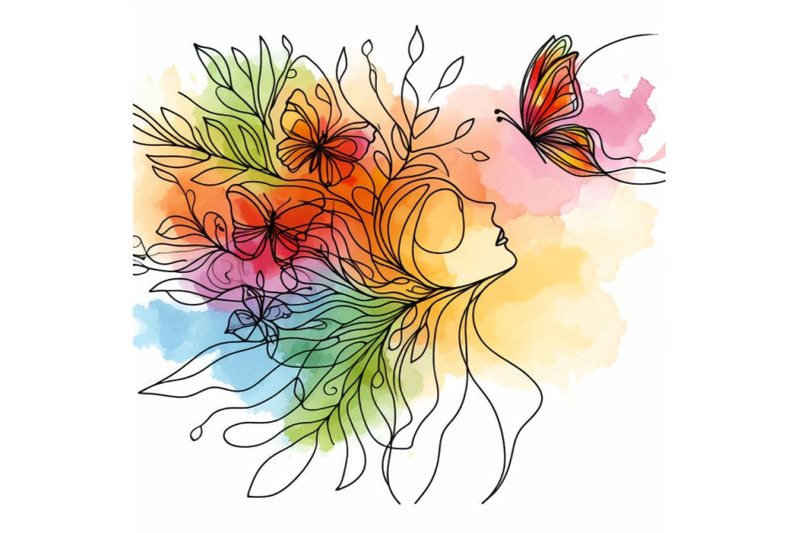 a-bundle-of-watercolor-one-single-line-drawing-woman-with-butterfly-li