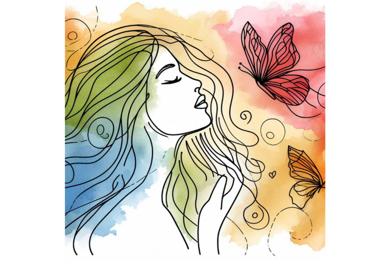 a-bundle-of-watercolor-one-single-line-drawing-woman-with-butterfly-li