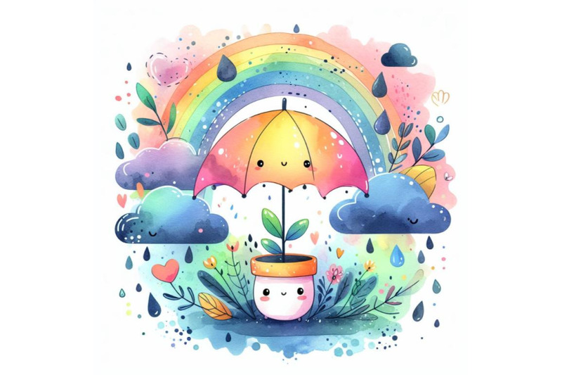 a-bundle-of-watercolor-rainy-day-with-plant-vector-illustration-cute