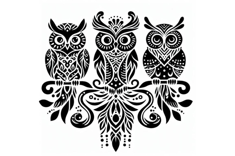 a-bundle-of-decorative-owls-tribal-decoration-of-wild-birds