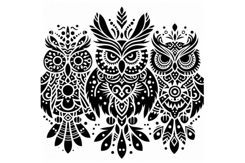 a-bundle-of-decorative-owls-tribal-decoration-of-wild-birds