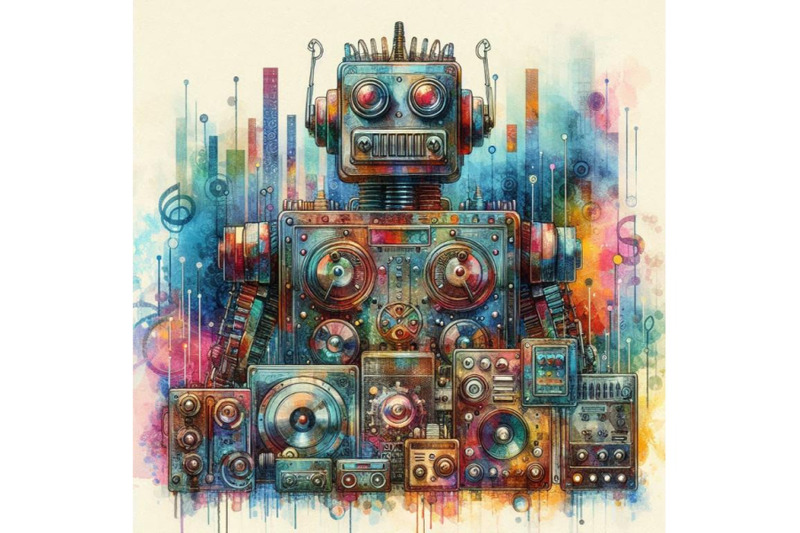 a-bundle-of-watercolor-robot-made-of-analog-stereo-equipment-digital