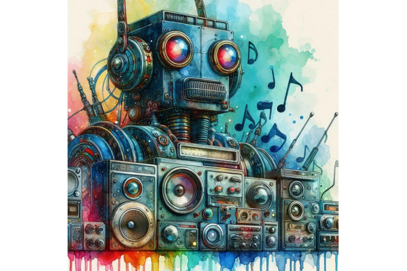 a-bundle-of-watercolor-robot-made-of-analog-stereo-equipment-digital