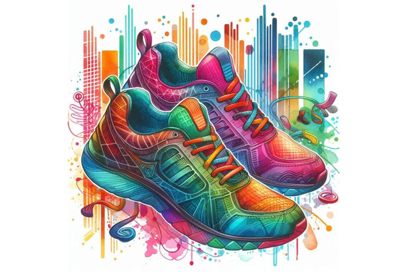 a-bundle-of-watercolor-running-colorful-pair-shoes-bright-sport-sneak