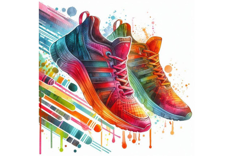 a-bundle-of-watercolor-running-colorful-pair-shoes-bright-sport-sneak