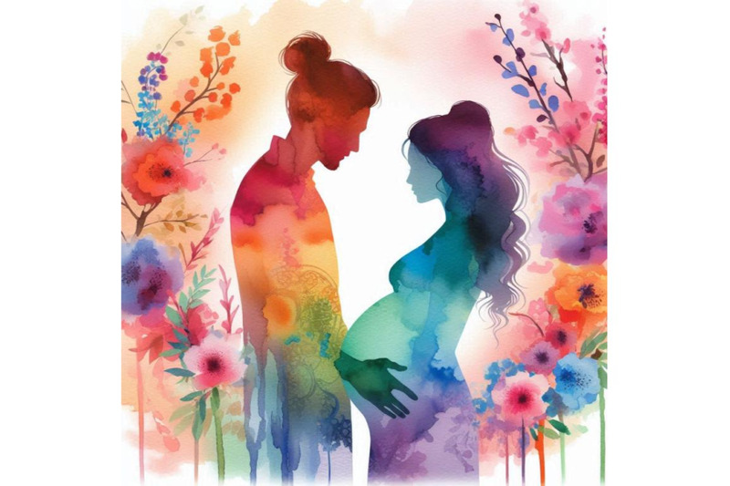 a-bundle-of-watercolor-silhouette-of-pregnant-woman-with-a-husband-col