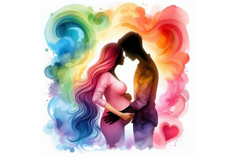 a-bundle-of-watercolor-silhouette-of-pregnant-woman-with-a-husband-col