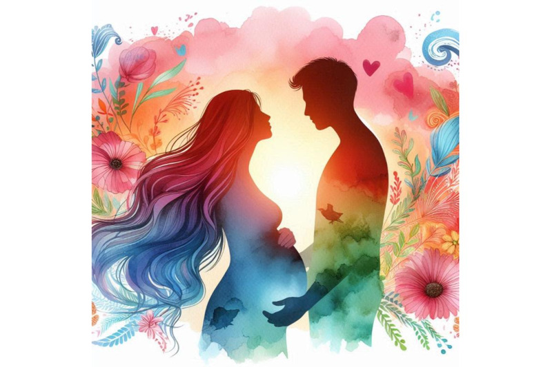 a-bundle-of-watercolor-silhouette-of-pregnant-woman-with-a-husband-col