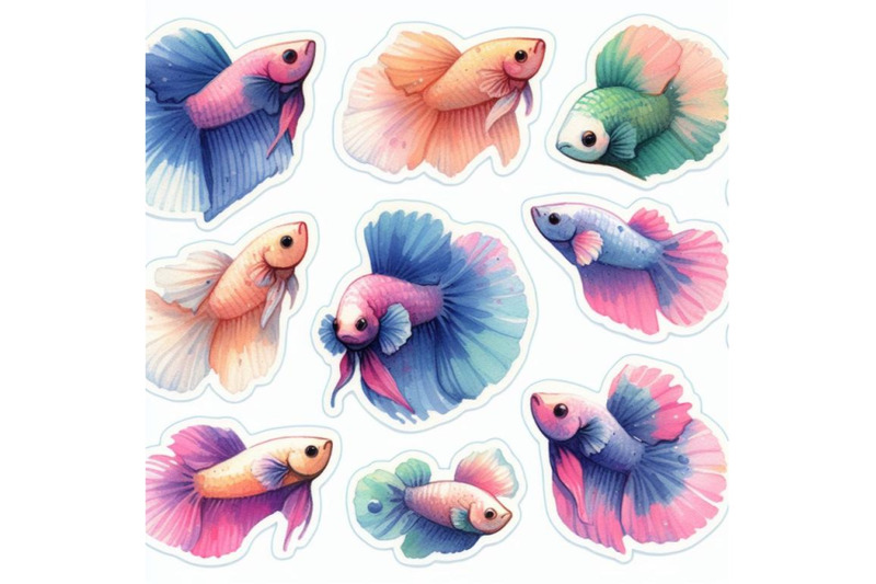 a-bundle-of-watercolor-simple-stickers-with-cute-betta-fish-with-white