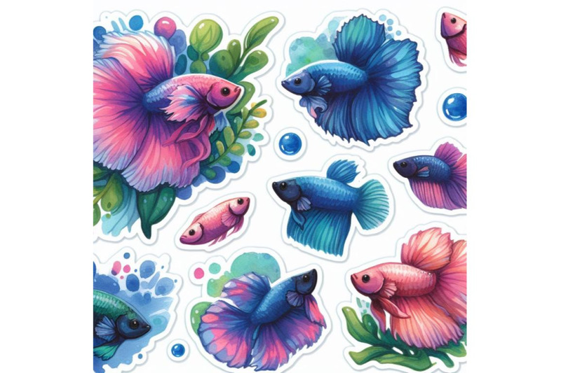 a-bundle-of-watercolor-simple-stickers-with-cute-betta-fish-with-white