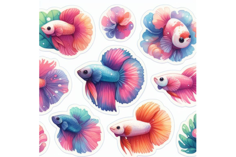 a-bundle-of-watercolor-simple-stickers-with-cute-betta-fish-with-white