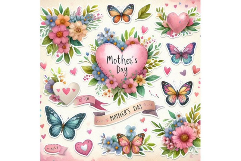 a-bundle-of-watercolor-stickers-mothers-day-banner-with-hearts-flowe