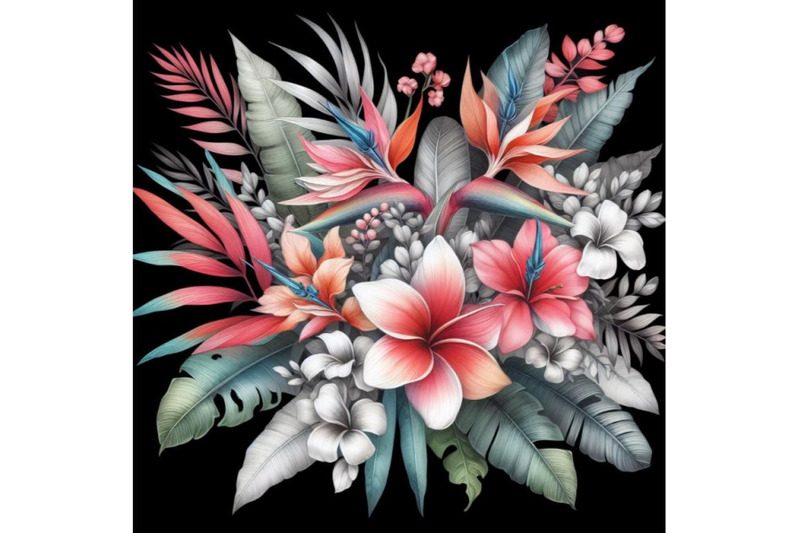 bundle-of-tropical-coral-flowers-and-leaves-on-black-and-white-backgro