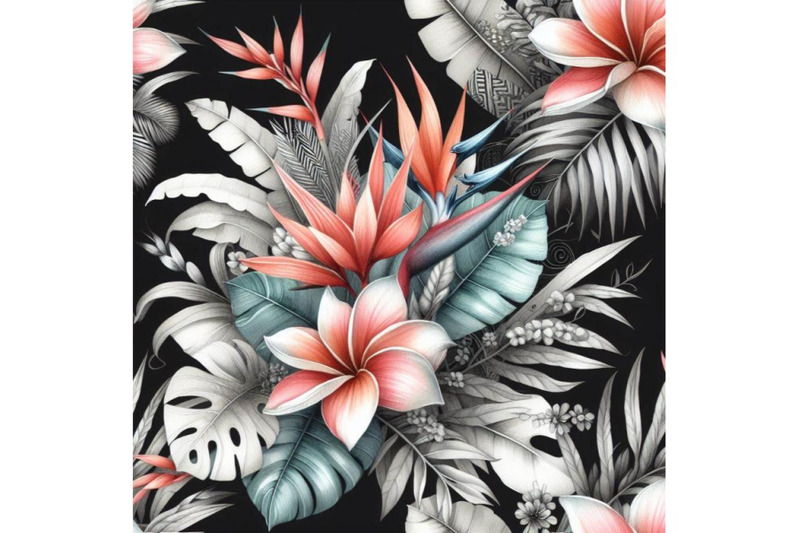 bundle-of-tropical-coral-flowers-and-leaves-on-black-and-white-backgro