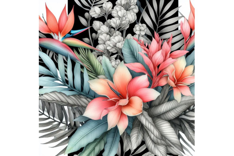 bundle-of-tropical-coral-flowers-and-leaves-on-black-and-white-backgro