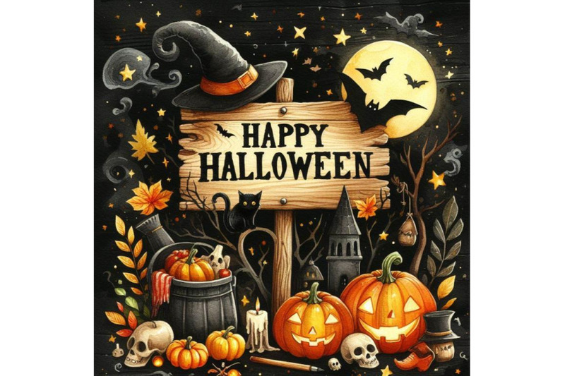 bundle-of-halloween-background-with-wooden-sign