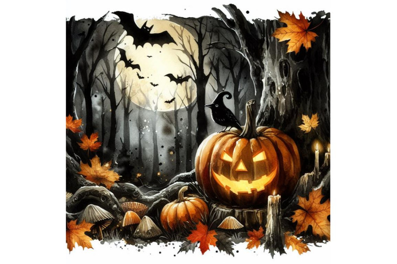 bundle-of-halloween-pumpkin-in-spooky-autumn-forest