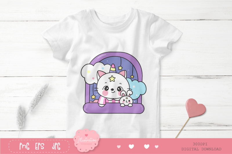 cat-unicorn-and-bunny-rabbit-on-window-kawaii-cliparts-night