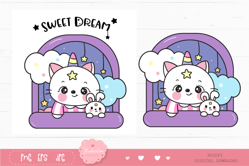 cat-unicorn-and-bunny-rabbit-on-window-kawaii-cliparts-night