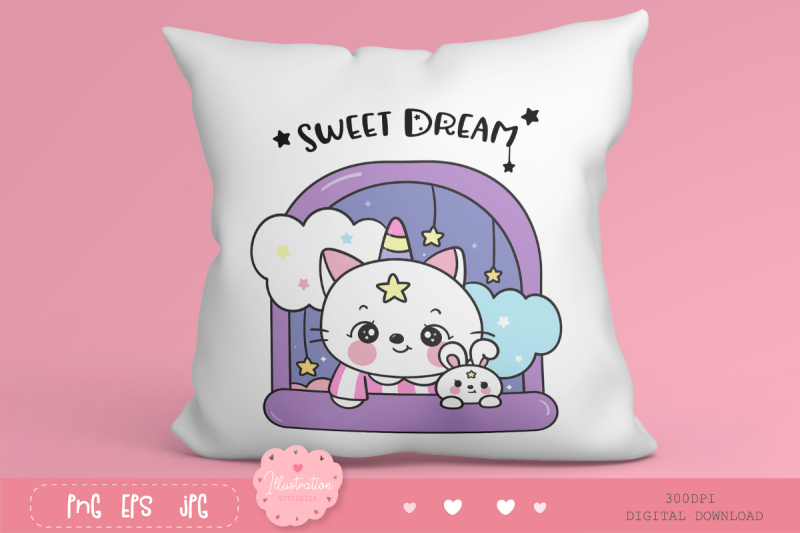 cat-unicorn-and-bunny-rabbit-on-window-kawaii-cliparts-night