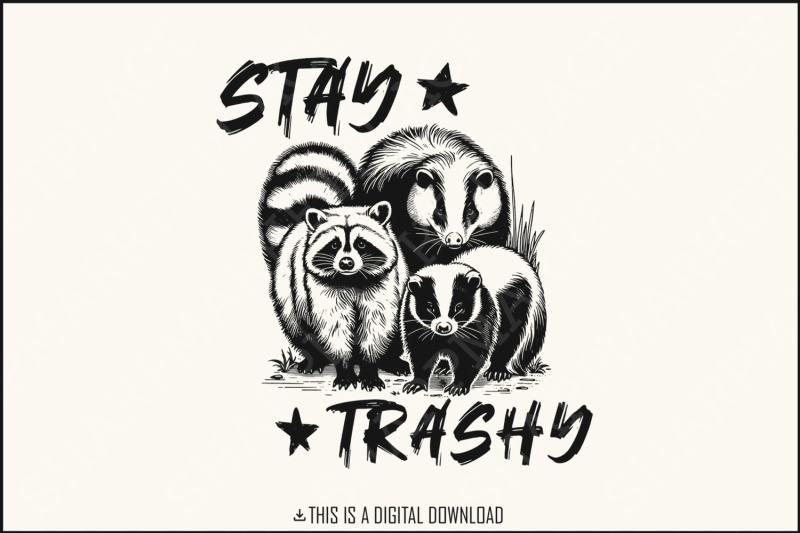 stay-trashy-png-funny-raccoon-opossum-skunk-retro-animal-design-raccoon-squad-humorous-t-shirt-graphic-digital-download-download