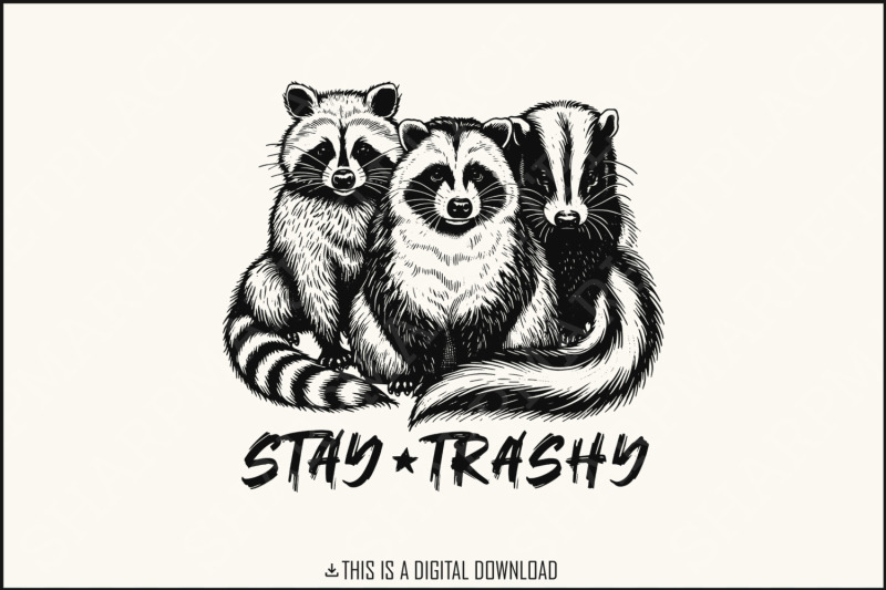 stay-trashy-png-funny-raccoon-opossum-skunk-retro-animal-design-raccoon-squad-humorous-t-shirt-graphic-digital-download-download