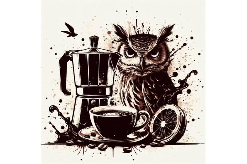 a-bundle-of-coffee-and-owl-with-splash-textured-background