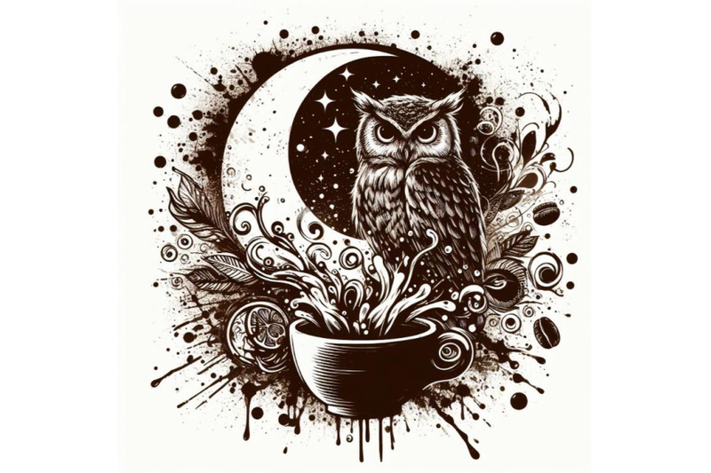 a-bundle-of-coffee-and-owl-with-splash-textured-background