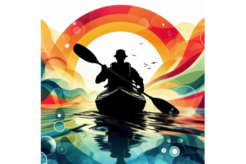 a-bundle-of-kayaker-in-canoe-with-a-life-vest-and-paddle-over-colorful