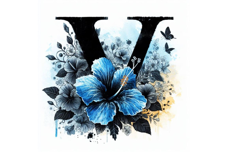 bundle-of-blue-hibiscus-grunge-vintage-alphabet-v