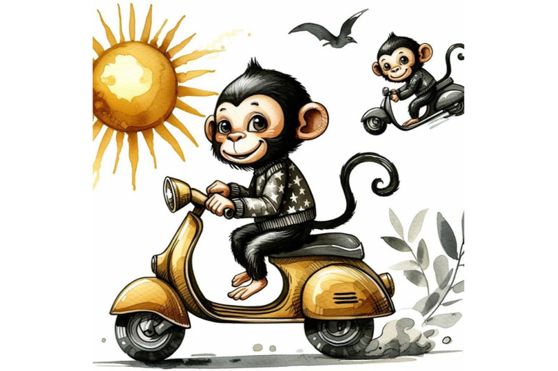 bundle-of-cartoon-monkey-riding-a-scooter