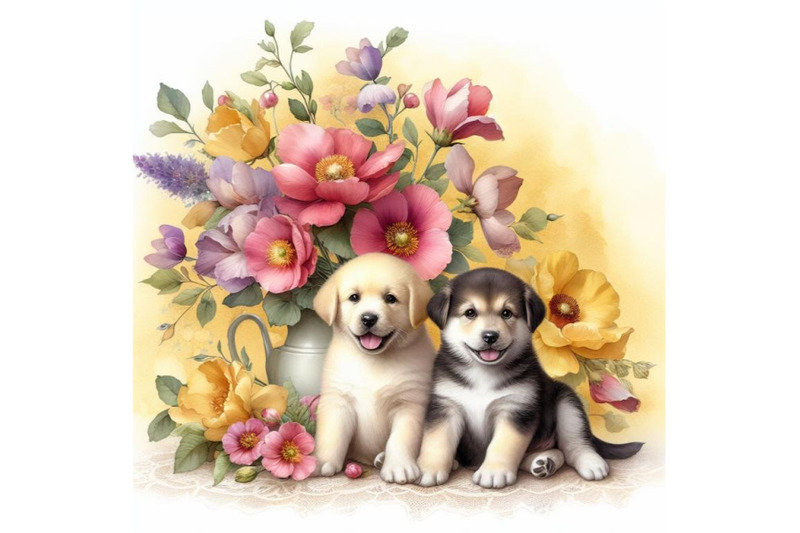 bundle-of-two-puppies-and-beautiful-flowers