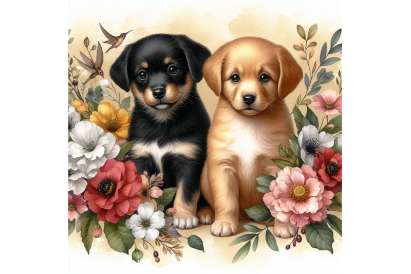 bundle-of-two-puppies-and-beautiful-flowers